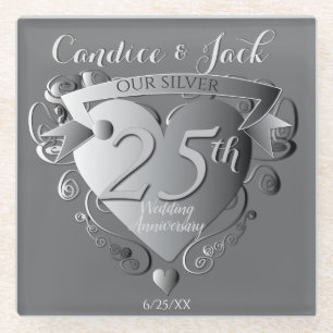 25th Wedding Jubileum Silver Heart Emblem Glazen Onderzetter
