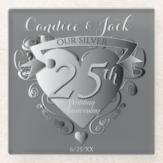 25th Wedding Jubileum Silver Heart Emblem Glazen Onderzetter (Voorkant)