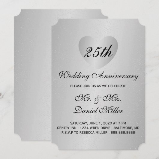 25th Wedding Jubileum Silver Heart Kaart (Voorkant / Achterkant)