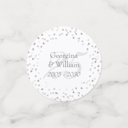 25th Wedding Jubileum Silver Hearts Confetti (Kleine voorkant)