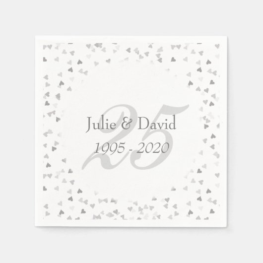 25th Wedding Jubileum Silver Hearts Confetti Servet (Voorkant)