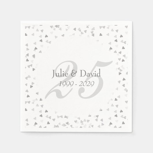 25th Wedding Jubileum Silver Hearts Confetti Servet (Voorkant)