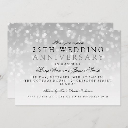 25th Wedding Jubileum Silver Sparkle Lights Kaart (Voorkant / Achterkant)