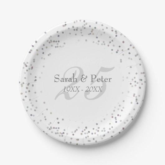 25th Wedding Jubileum Silver Stardust Confetti Papieren Bordje (Voorkant)