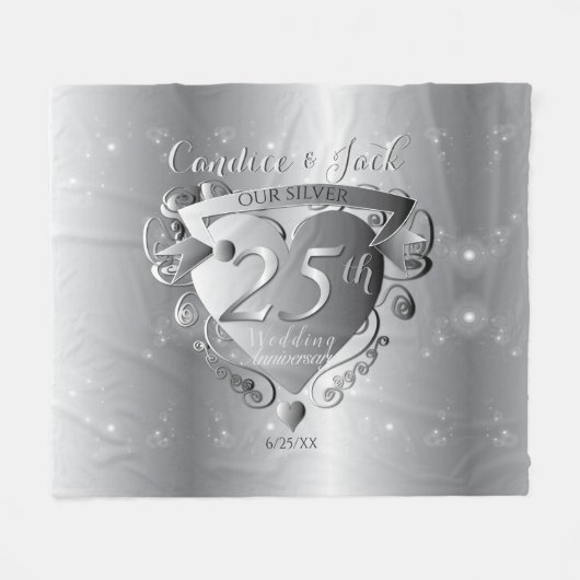 25th Wedding Jubileum Silvery Heart Emblem Fleece Deken (Voorkant (Horizontaal))