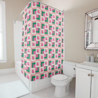 26039A Geometrisch Pinwiel Blokpatroon Roze Groen Douchegordijn