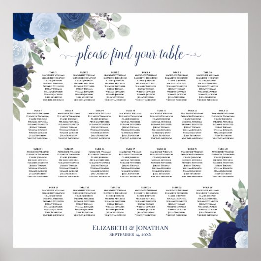 26 Tafel blauwe Boho Rozen Wedding Seating Chart Poster (Voorkant)
