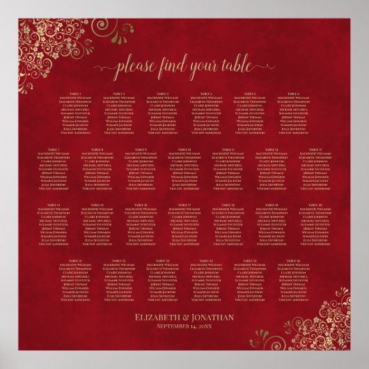 26 Tafel Gold-vriendjes op de Rood Wedding Seating Poster (Voorkant)