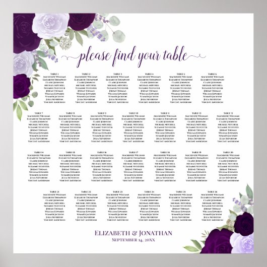 26 Tafel Paarse Boho Rozen Bruiloft Zitkaarten Poster (Voorkant)