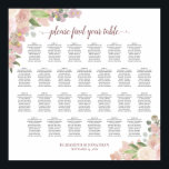 26 Tafel roze roze rozen weddenschappen Poster<br><div class="desc">Deze prachtige 26 tafelbruiloft-zitjes voorzien van een rustig boho chic floral design met handbeschilderde waterverf rozen en bloesems in tinten van wazige roze, koraalperzik, stoffig roos en puin. Er zijn sprigs van eucalyptusbladeren en tuingroen samen met een elegante titel van de manuscriptkalligrafie, met de namen van het paar en de...</div>