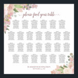 26 Tafel roze roze rozen weddenschappen Poster<br><div class="desc">Deze prachtige 26 tafelbruiloft-zitjes voorzien van een rustig boho chic floral design met handbeschilderde waterverf rozen en bloesems in tinten van wazige roze, koraalperzik, stoffig roos en puin. Er zijn sprigs van eucalyptusbladeren en tuingroen samen met een elegante titel van de manuscriptkalligrafie, met de namen van het paar en de...</div>