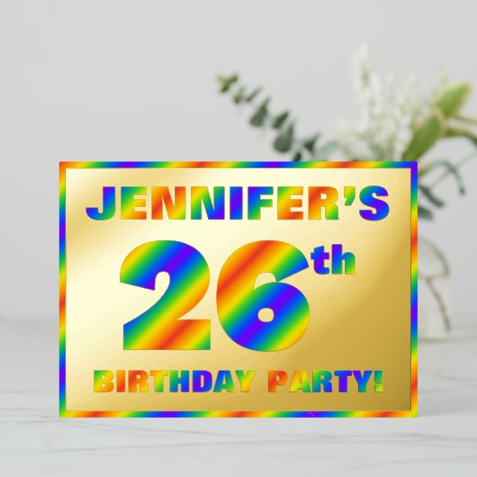 26e Birthday Party — Fun, regenboogspectrum "26" Folie Uitnodiging (Staand Voorkant)