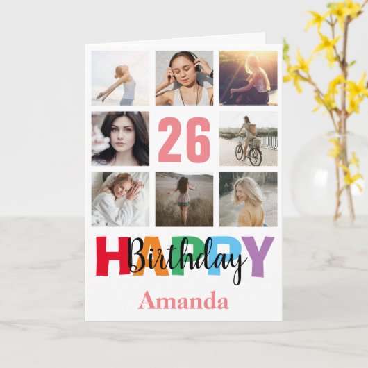 26e Gelukkige Verjaardag Fotocollage Modern Roze Kaart (Gele Bloem)