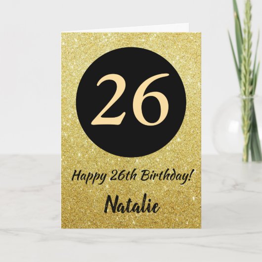 26e Happy Birthday Zwart en Goud Glitter Kaart (Voorkant)