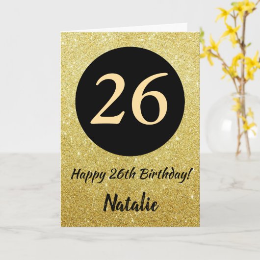 26e Happy Birthday Zwart en Goud Glitter Kaart (Gele Bloem)