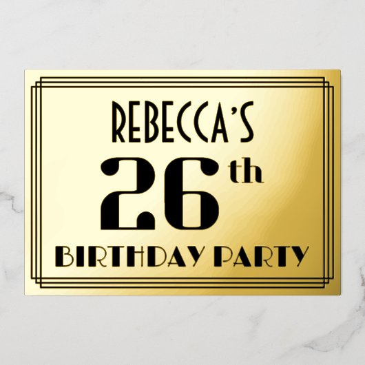 26e verjaardag: Art Deco Kijk "26" en naam Folie Uitnodiging (Voorkant)