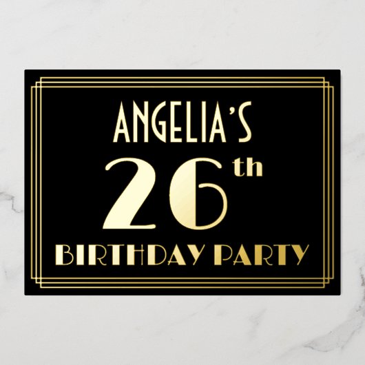 26e verjaardag: Art Deco Kijk "26", met naam Folie Uitnodiging (Voorkant)