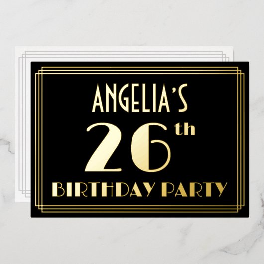 26e verjaardag: Art Deco Kijk "26", met naam Folie Uitnodiging (Voorkant / Achterkant)