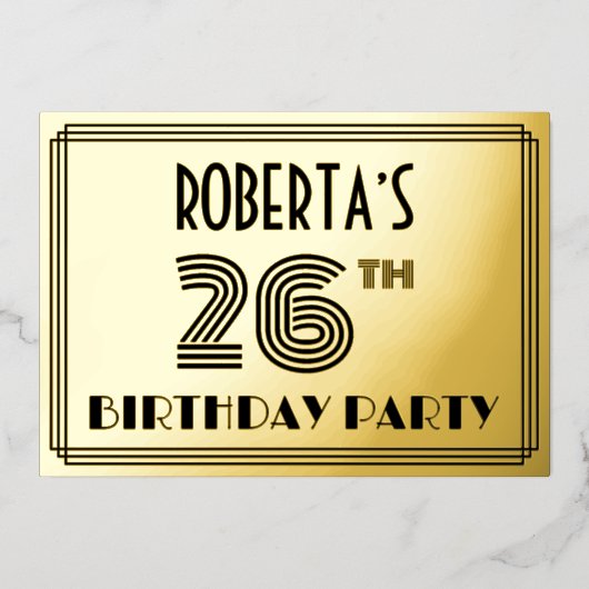 26e verjaardag — Art Deco Style "26" en naam Folie Uitnodiging (Voorkant)