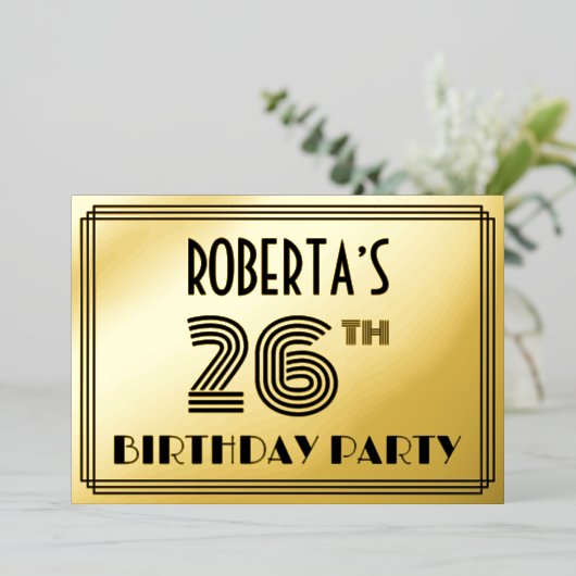 26e verjaardag — Art Deco Style "26" en naam Folie Uitnodiging (Staand Voorkant)