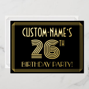 26e verjaardag — Art Deco Style "26" + Naam Folie Uitnodiging