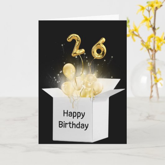26e verjaardag ballonnen in witte doos Kaart (Gele Bloem)