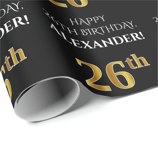 26e verjaardag: Elegant, zwart, Faux Gold look Cadeaupapier (Rol Hoek)