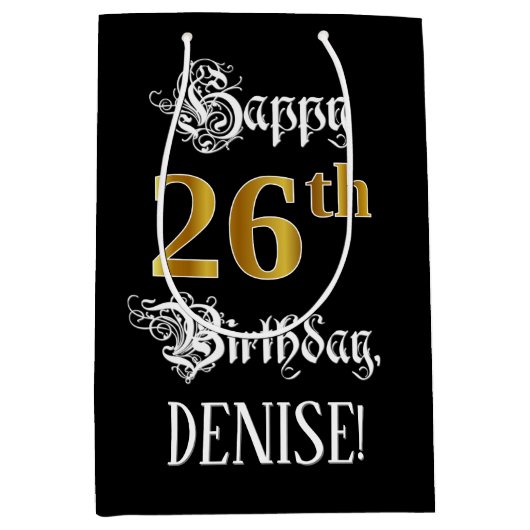 26e verjaardag ~ Fancy script; Faux Gold look; naa Medium Cadeauzakje (Voorkant)