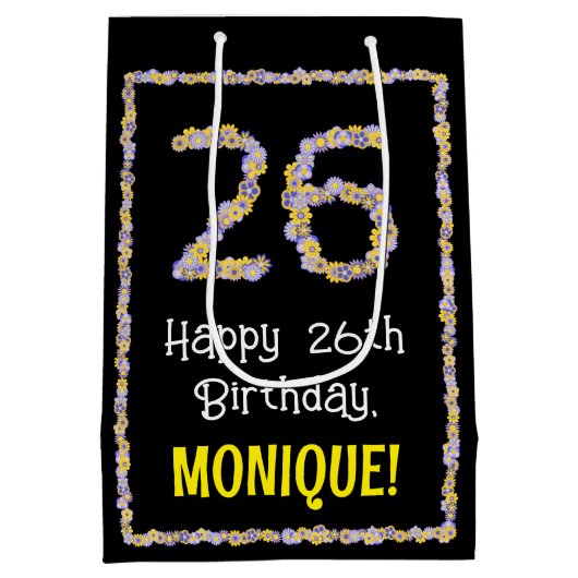 26e verjaardag: Floral Flowers Number, Custom Name Medium Cadeauzakje (Achterkant)