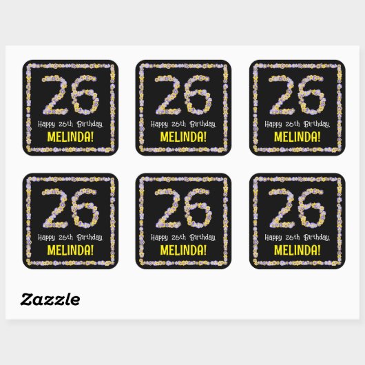 26e verjaardag: Floral Flowers Number, Custom Name Vierkante Sticker (Vel)