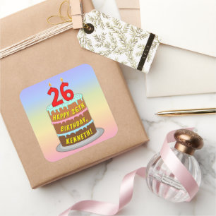 26e verjaardag: Fun Cake and Candles + Custom Name Vierkante Sticker