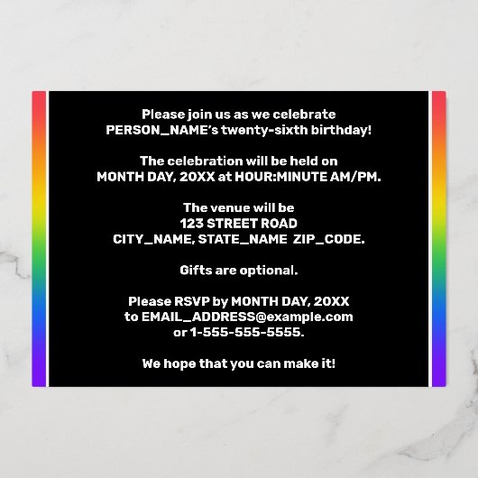 26e verjaardag: Fun, kleurrijk regenboogpatroon Folie Uitnodiging (Achterkant)