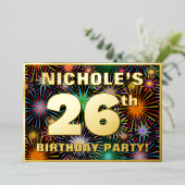 26e verjaardag — Fun, kleurrijke Fireworks look Folie Uitnodiging (Staand Voorkant)