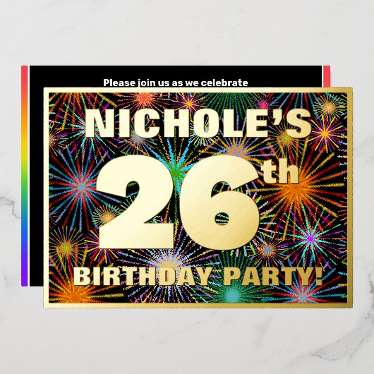 26e verjaardag — Fun, kleurrijke Fireworks look Folie Uitnodiging (Voorkant / Achterkant)
