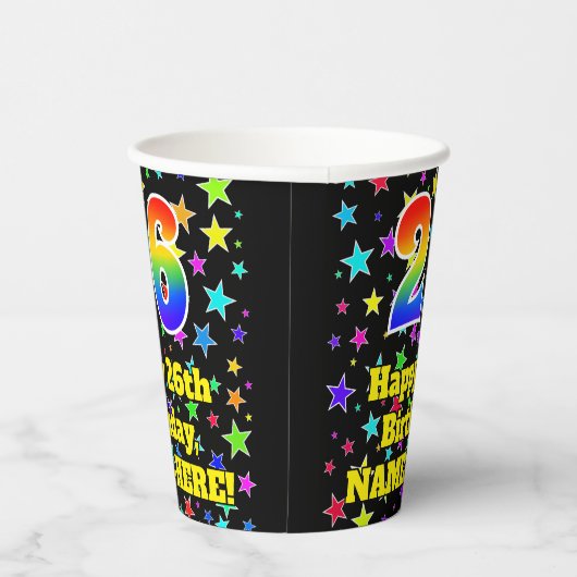 26e verjaardag: Fun Stars Pattern en Rainbow 26 Papieren Bekers (Rechts)