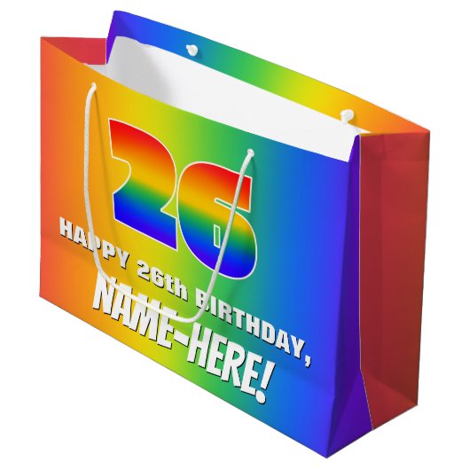 26e verjaardag: kleurrijk, vun regenboogpatroon # groot cadeauzakje (Voorkant Gekanteld)