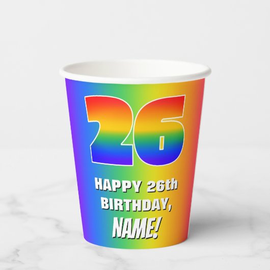 26e verjaardag: kleurrijk, vun regenboogpatroon #  papieren bekers (Achterkant)