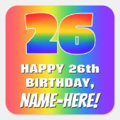 26e verjaardag: kleurrijk, vun regenboogpatroon #  vierkante sticker (Voorkant)