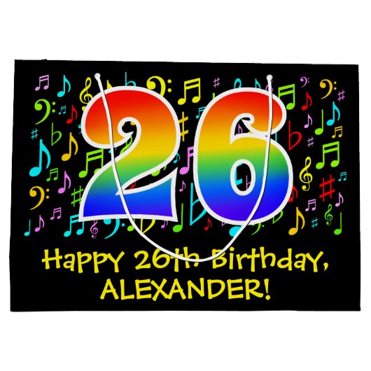 26e verjaardag - Kleurrijke muzieksymbolen, Rainbo Groot Cadeauzakje (Achterkant)