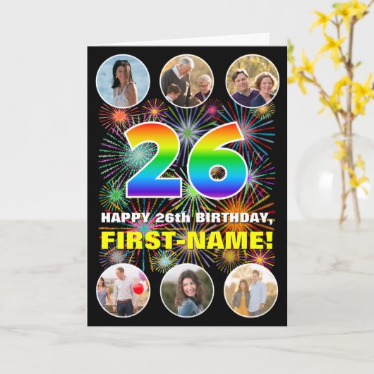 26e Verjaardag: Leuke Regenboog #, Aangepaste Naam Kaart (Gele Bloem)