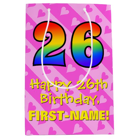 26e verjaardag: Leuke roze harten strepen; Regenbo Medium Cadeauzakje (Voorkant)