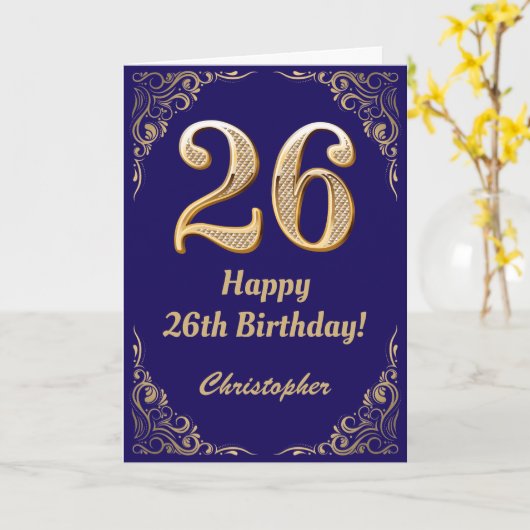 26e verjaardag marinenblauw en goudglitter Lijst Kaart (Gele Bloem)