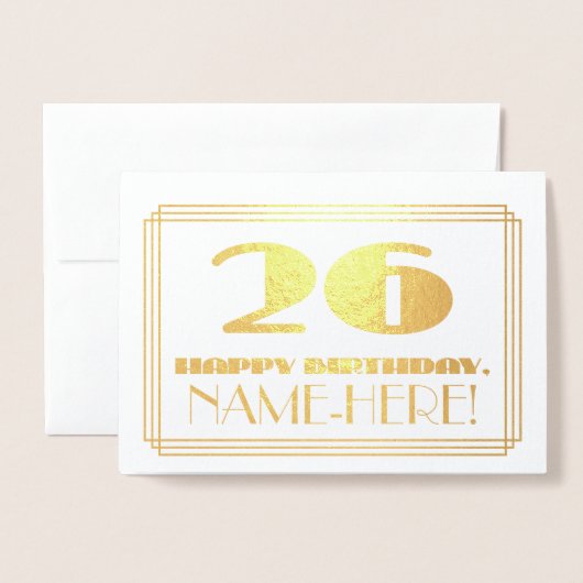 26e verjaardag; naam + Art Deco geïnspireerd look  Folie Kaarten (Voorkant met envelop)