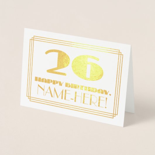 26e verjaardag; naam + Art Deco geïnspireerd look  Folie Kaarten (Voorkant)