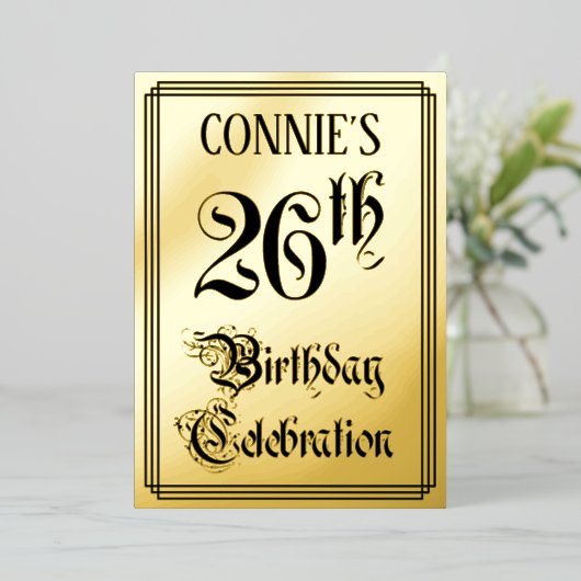 26e verjaardag Partij — Elegant Manuscript + de Na Folie Uitnodiging (Staand Voorkant)