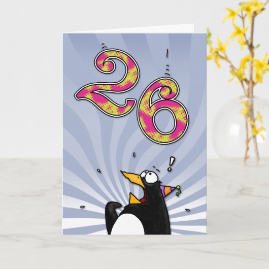 26e verjaardag - Penguin Surprise Kaart (Gele Bloem)