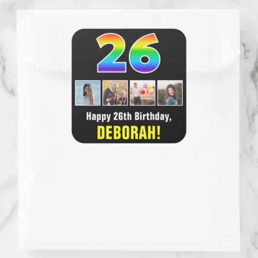 26e Verjaardag: Regenboog "26"; Aangepaste Foto's  Vierkante Sticker (Tas)