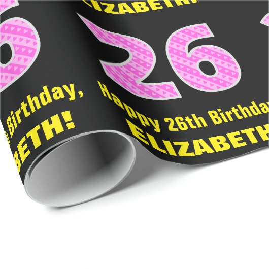 26e verjaardag: roze strepen en harten "26" + naam cadeaupapier (Rol Hoek)