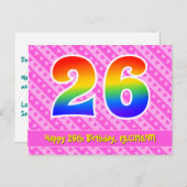 26e verjaardag: roze strepen en harten, regenboog  briefkaart (Voorkant / Achterkant)