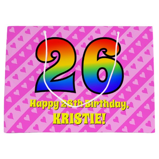 26e verjaardag: roze strepen & harten, regenboog # groot cadeauzakje (Voorkant)